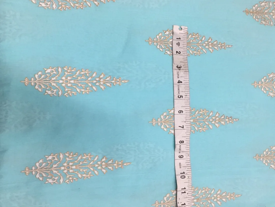 100% Cotton Printed light blue with floral golden jacquard Fabric 44" wide sold by the yard [11169]