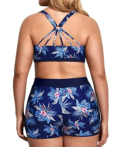 3 Piece Plus Size Tankini Swimsuits For Women Athletic Bathing Suits-Navy Blue Floral