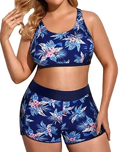 3 Piece Plus Size Tankini Swimsuits For Women Athletic Bathing Suits-Navy Blue Floral