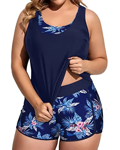 3 Piece Plus Size Tankini Swimsuits For Women Athletic Bathing Suits-Navy Blue Floral