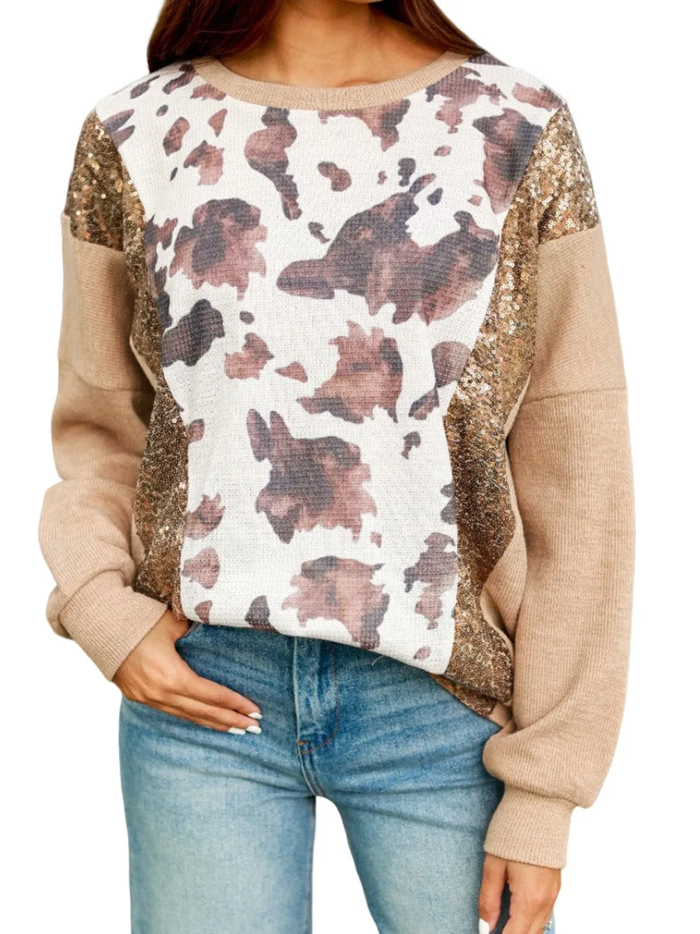 Abstract Sparkle Sequin Embellished Khaki Pullover Shirt