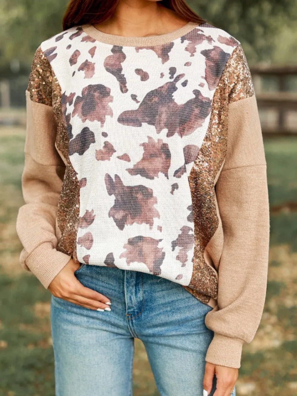 Abstract Sparkle Sequin Embellished Khaki Pullover Shirt