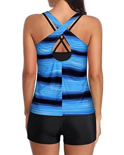 Athletic Women's Tankini Swimwear With Sports Bra And Boy Shorts-Blue And Black Stripe