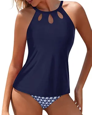 Backless Halter Top & Modest Bottom Tummy Control Two Piece Tankini-Navy Blue Tribal