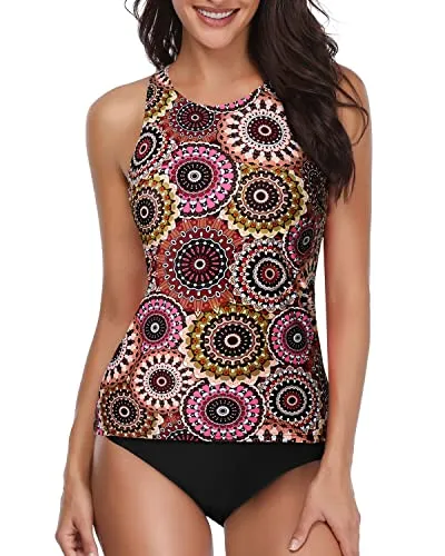 Backless Halter Tummy Control Tankini Swimsuit-Brown Print