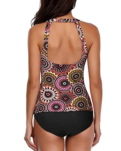 Backless Halter Tummy Control Tankini Swimsuit-Brown Print