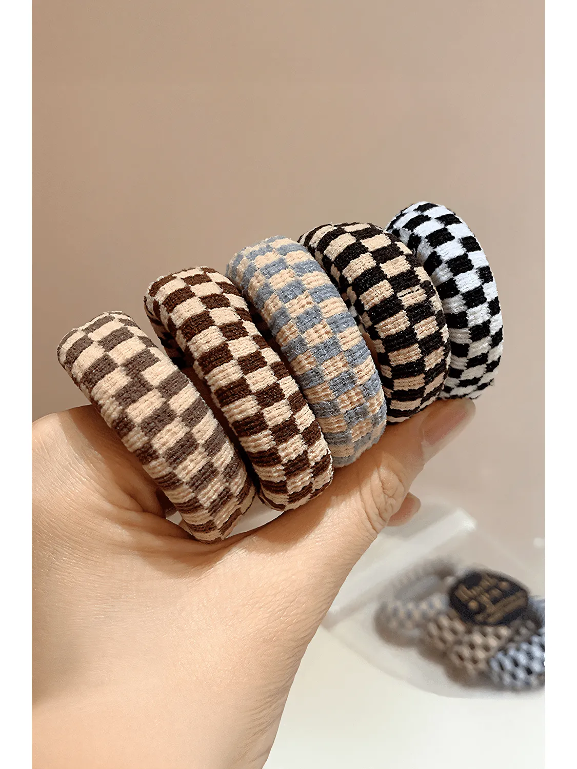 Black Checkered Print Nylon Elastic Hair Tie 5pcs