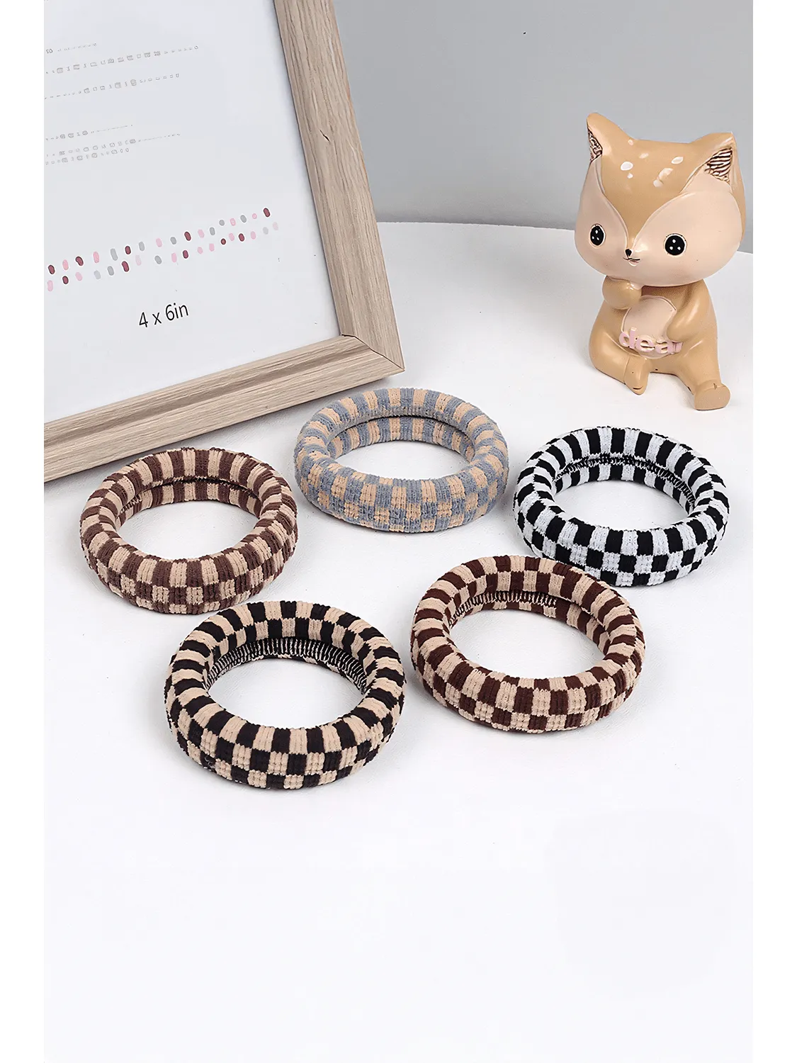 Black Checkered Print Nylon Elastic Hair Tie 5pcs