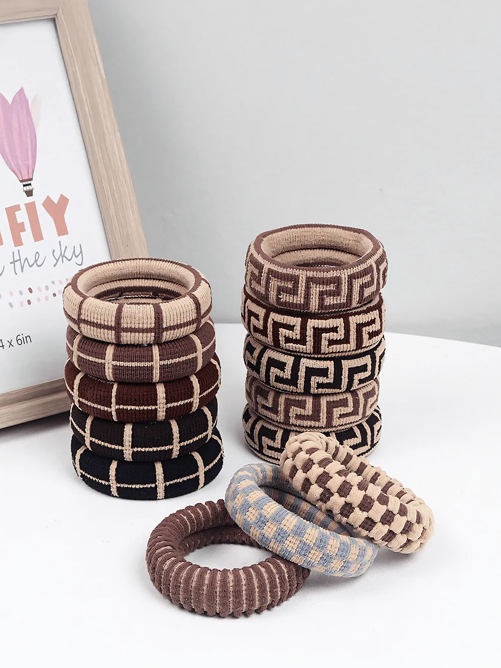 Black Checkered Print Nylon Elastic Hair Tie 5pcs