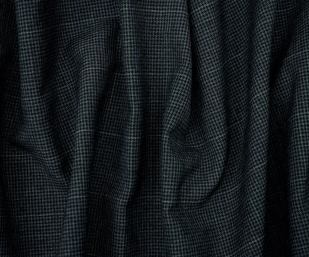 Black-Gray Polyester-Wool Houndstooth Check Shirting Fabric