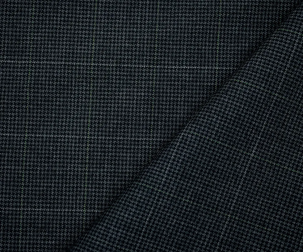 Black-Gray Polyester-Wool Houndstooth Check Shirting Fabric