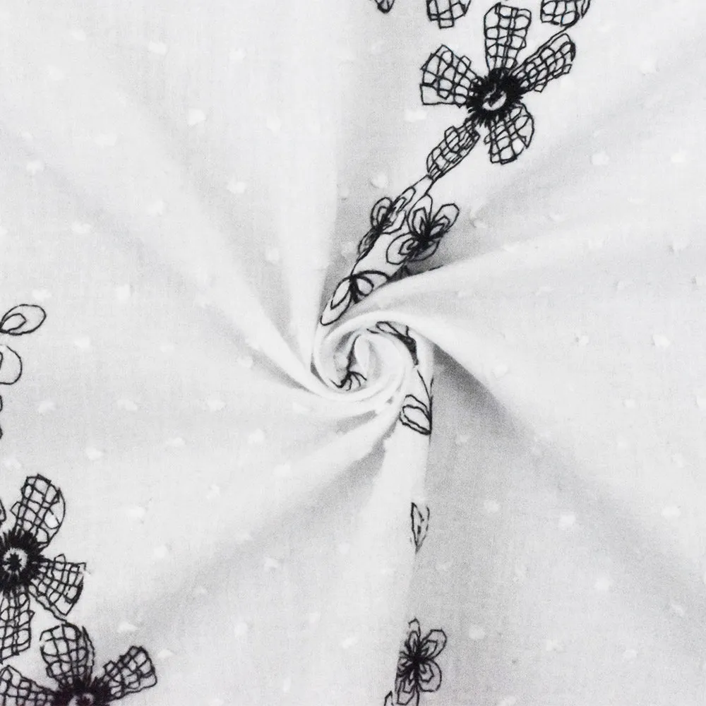 Black-White Clip Swiss Dot With Floral Embroidery Cotton Lawn Woven Fabric