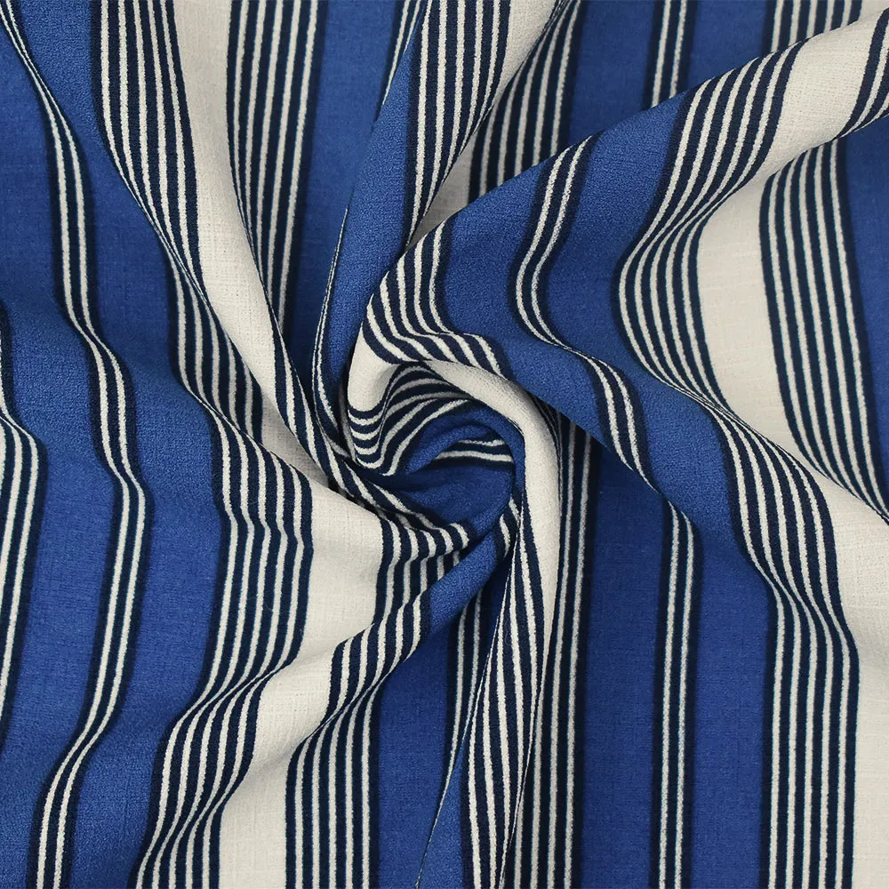 Blue-White Stripe Printed Poly Stretch Crepe Momie Woven Fabric