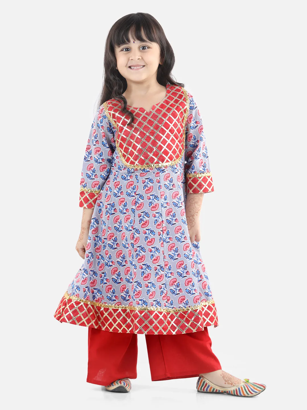 BownBee Girls Block Print Cotton Anarkali Pant Set Suits - Gray