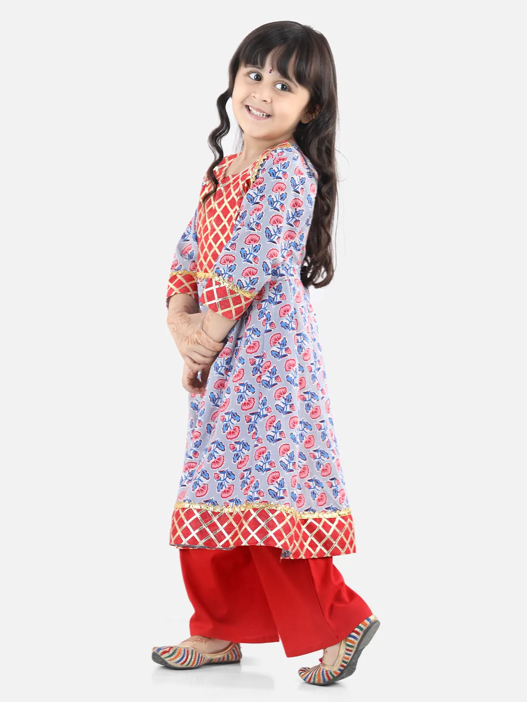 BownBee Girls Block Print Cotton Anarkali Pant Set Suits - Gray