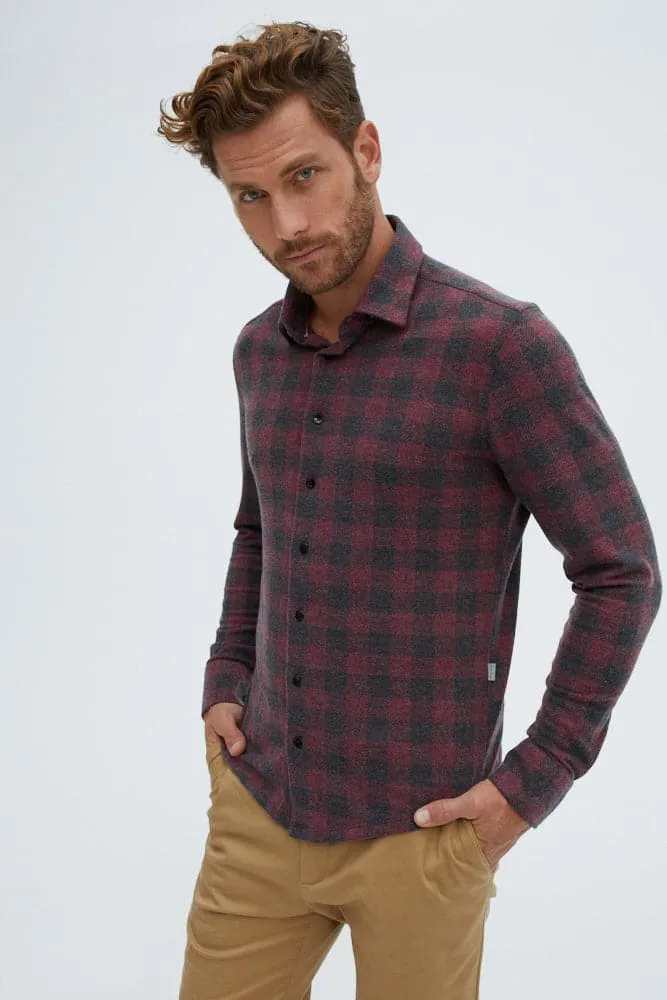 Burgundy T-Series  Jersey Long Sleeve Fleece Check Shirt