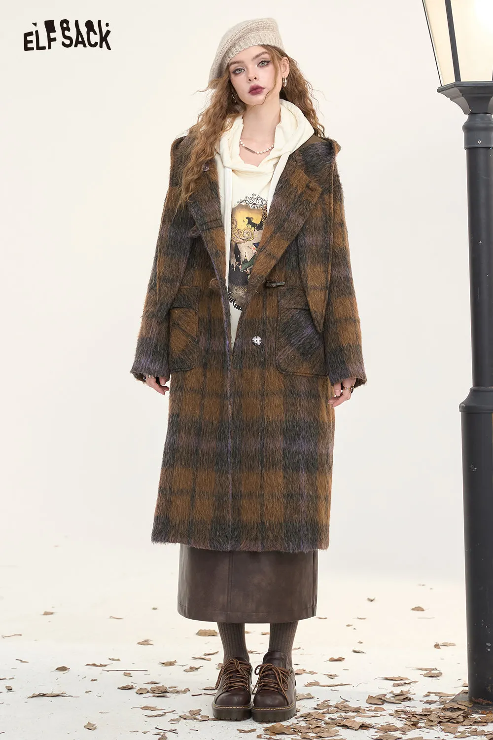 ELFSACK 2024 Winter New Arrivals Women's Brown Plaid Hooded Long Wool Coat with Horn Buttons