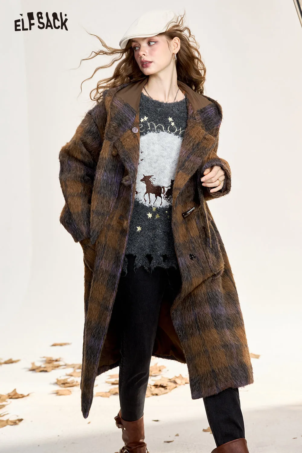 ELFSACK 2024 Winter New Arrivals Women's Brown Plaid Hooded Long Wool Coat with Horn Buttons