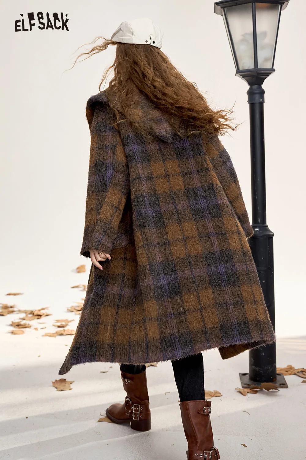 ELFSACK 2024 Winter New Arrivals Women's Brown Plaid Hooded Long Wool Coat with Horn Buttons