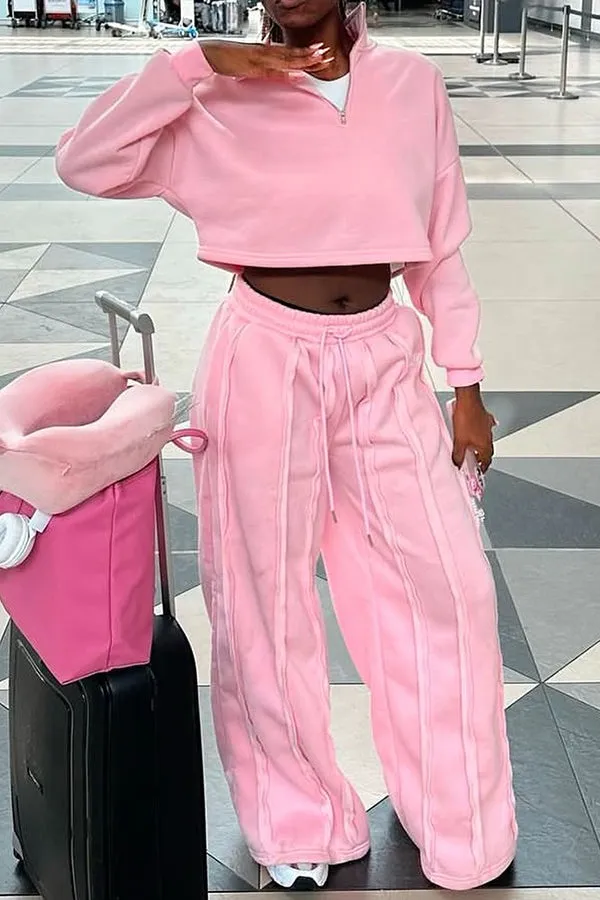 Fashionable Stand-collar Sweatshirt & Stripe Seam Sweatpants Set