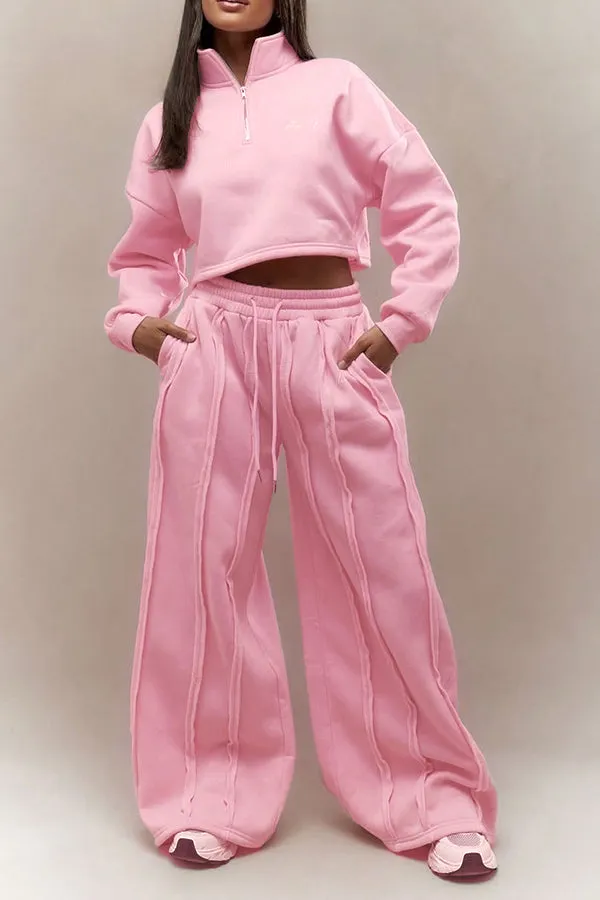 Fashionable Stand-collar Sweatshirt & Stripe Seam Sweatpants Set