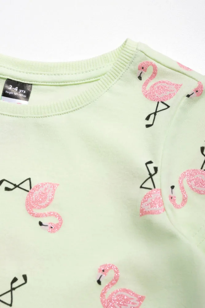 Flamingo Printed T-Shirt Light Green