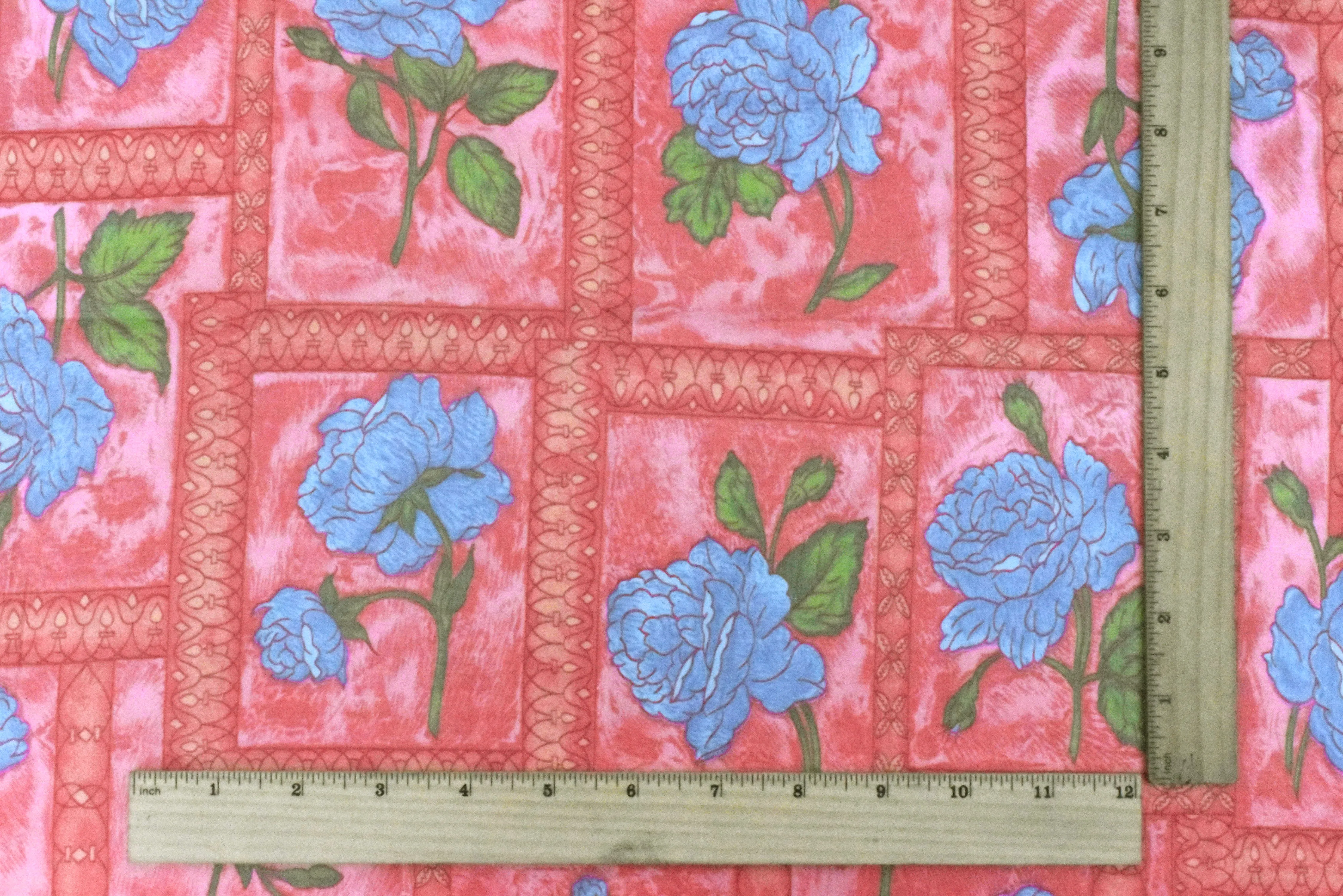 Flower Pink-Blue-Multi Floral Frame Printed Cotton Sateen Fabric