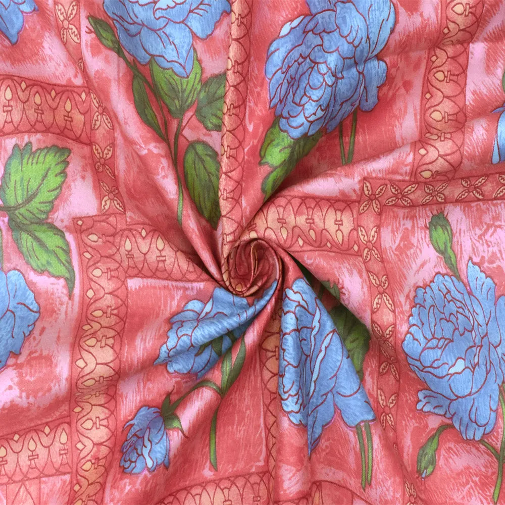 Flower Pink-Blue-Multi Floral Frame Printed Cotton Sateen Fabric