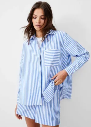 French Connection Thick Stripe Relaxed Popover Shirt-Blue Linen White