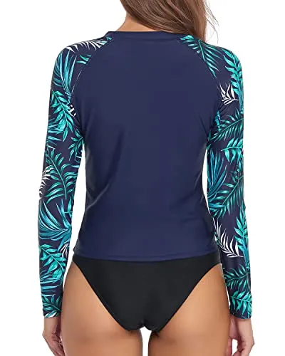 Full Coverage Long Sleeve Bathing Suit 2 Piece Rash Guard For Women-Blue Leaf