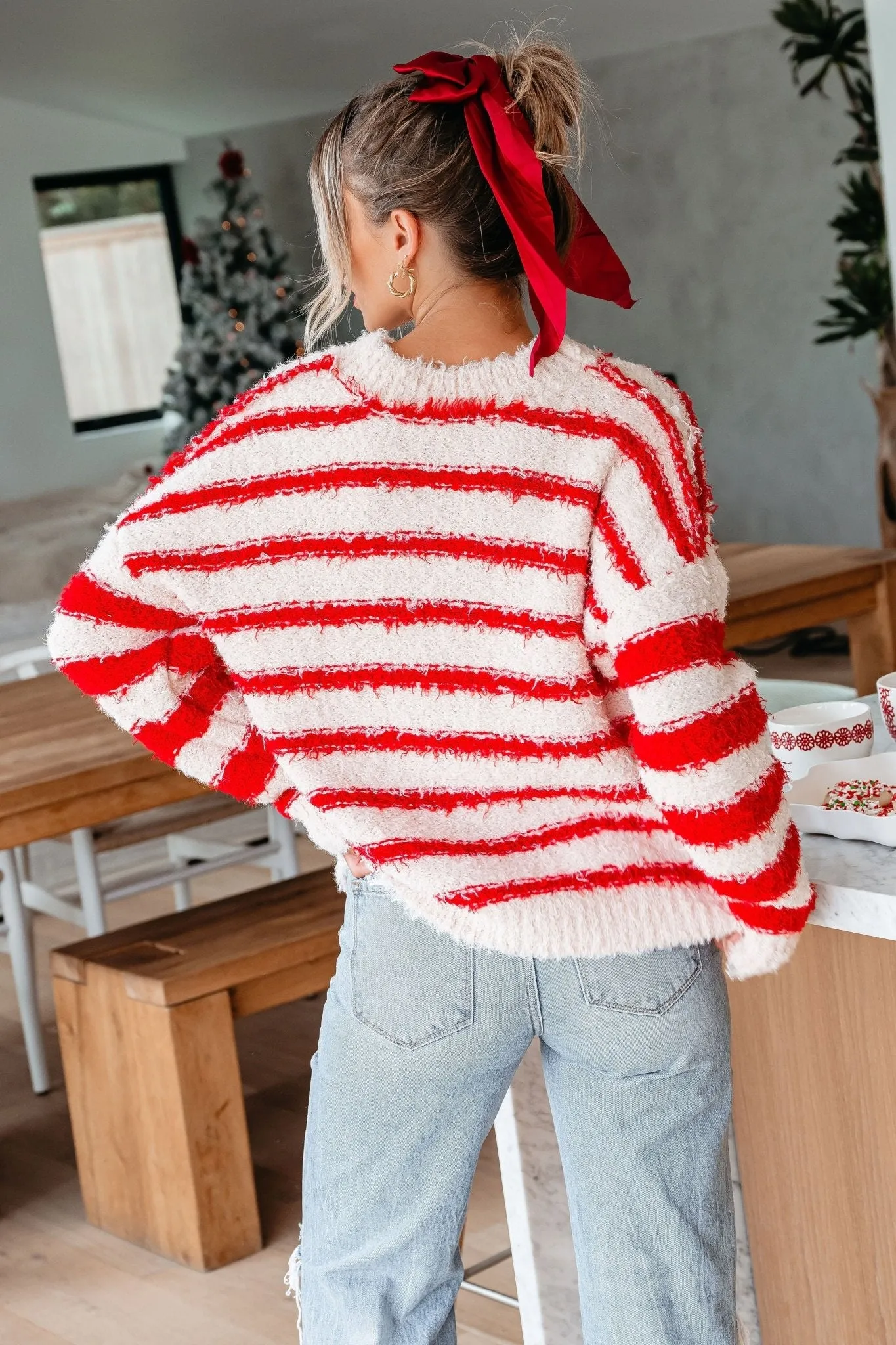 Fuzzy Red Striped Pullover Sweater