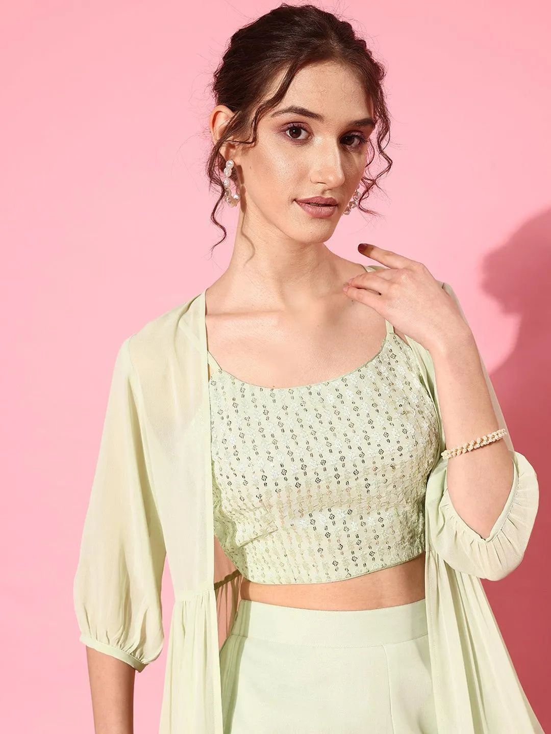 Green Embellished Georgette 3 Piece Co-Ords