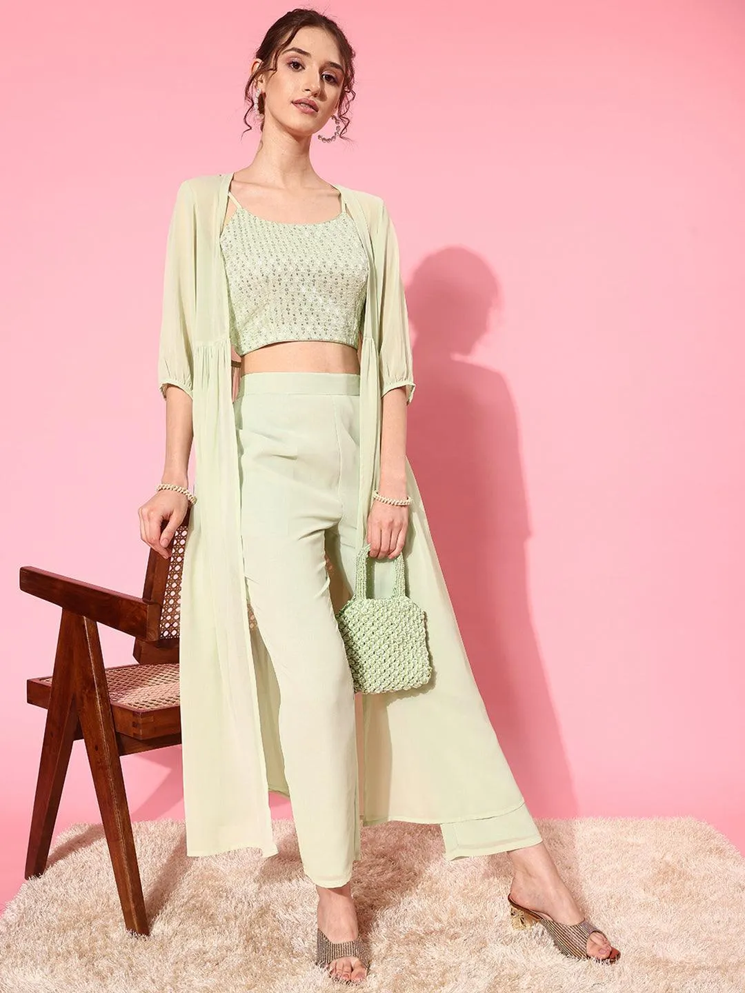 Green Embellished Georgette 3 Piece Co-Ords