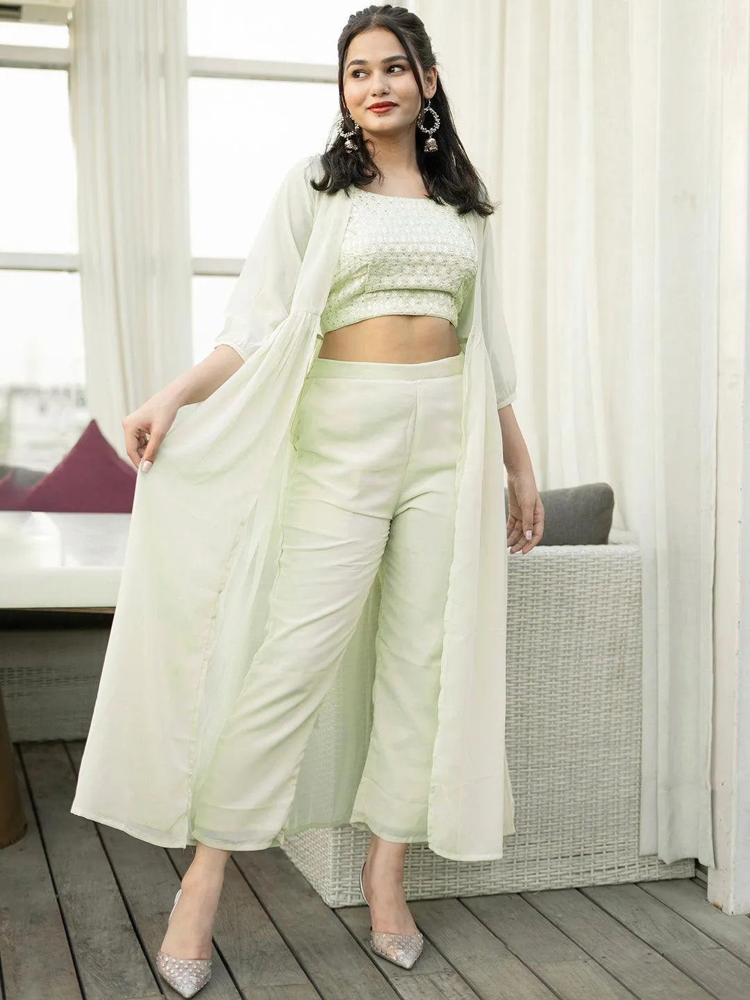 Green Embellished Georgette 3 Piece Co-Ords