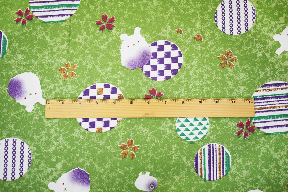 Green-Purple-Multi Abstract Bunny Art Printed Cotton Shirting Woven Fabric