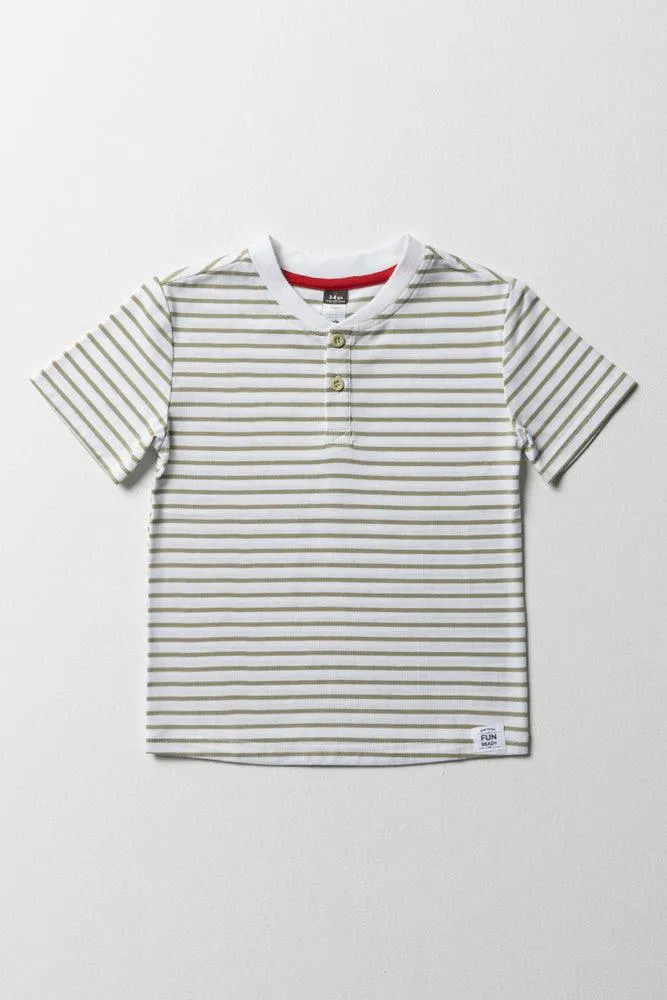 Henley Stripe Short Sleeve T-Shirt Green & White