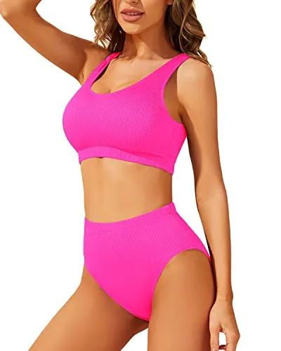 High Waisted Ribbed Bikini Two Piece Sport Full Coverage Swimsuit With Bottom-Neon Pink