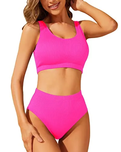 High Waisted Ribbed Bikini Two Piece Sport Full Coverage Swimsuit With Bottom-Neon Pink