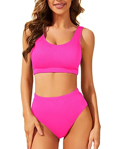 High Waisted Ribbed Bikini Two Piece Sport Full Coverage Swimsuit With Bottom-Neon Pink