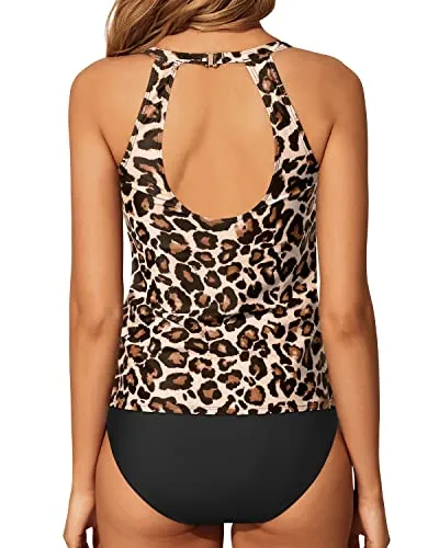 High Waisted Tummy Control Tankini Set For Full Coverage-Black And Leopard