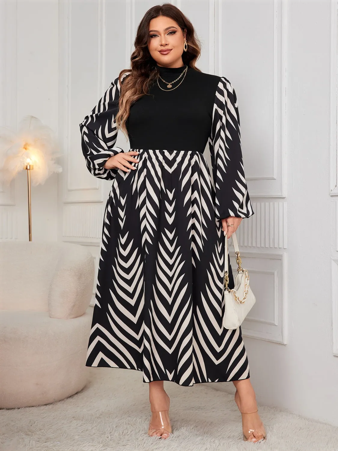 Honey Plus Size Printed Mock Neck Long Sleeve Midi Dress