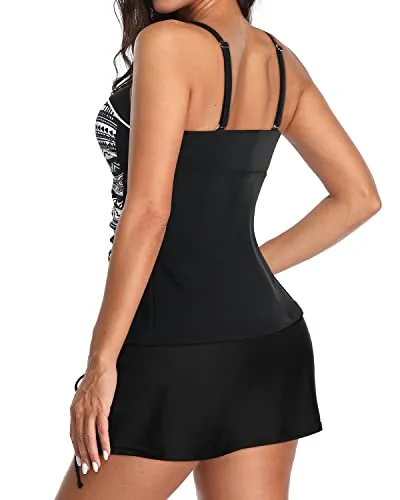 Ladies Breathable Tankini Swimwear Mid Waist Side Slit Skirtini Bottom-Black White Stripe