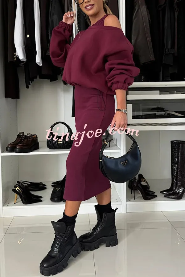 Lifestyle Wide Neck Relaxed Sweatshirt and Ribbed Tank Stretch Midi Dress Set