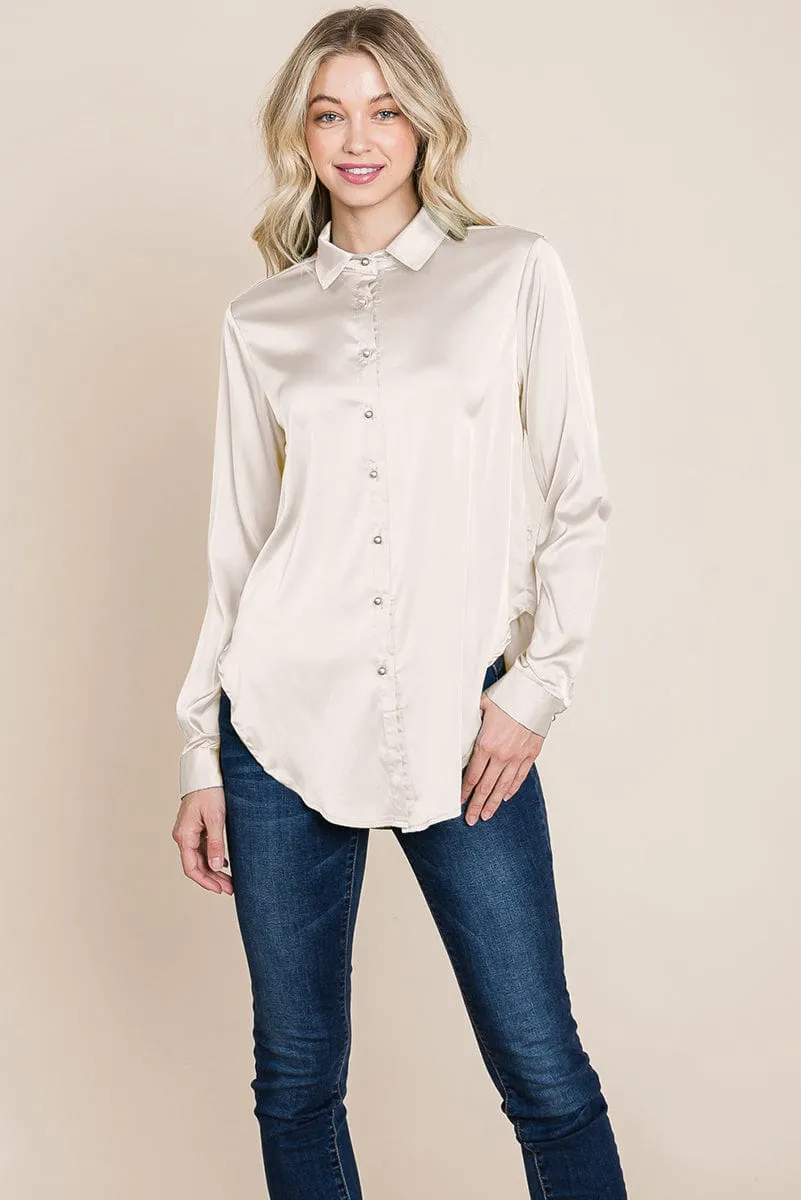 Long Sleeve Satin Button Down Silk Blouse Shirts