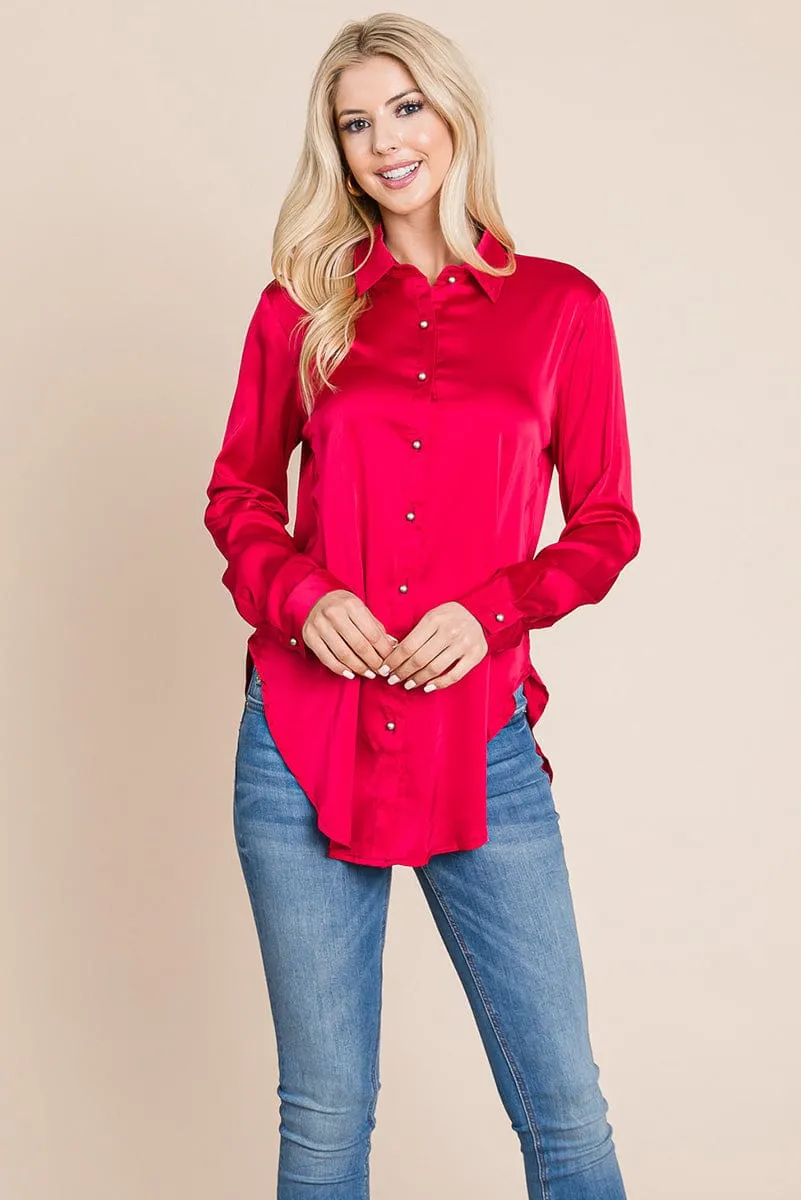 Long Sleeve Satin Button Down Silk Blouse Shirts