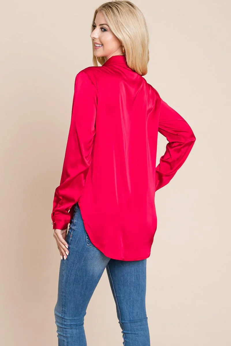 Long Sleeve Satin Button Down Silk Blouse Shirts