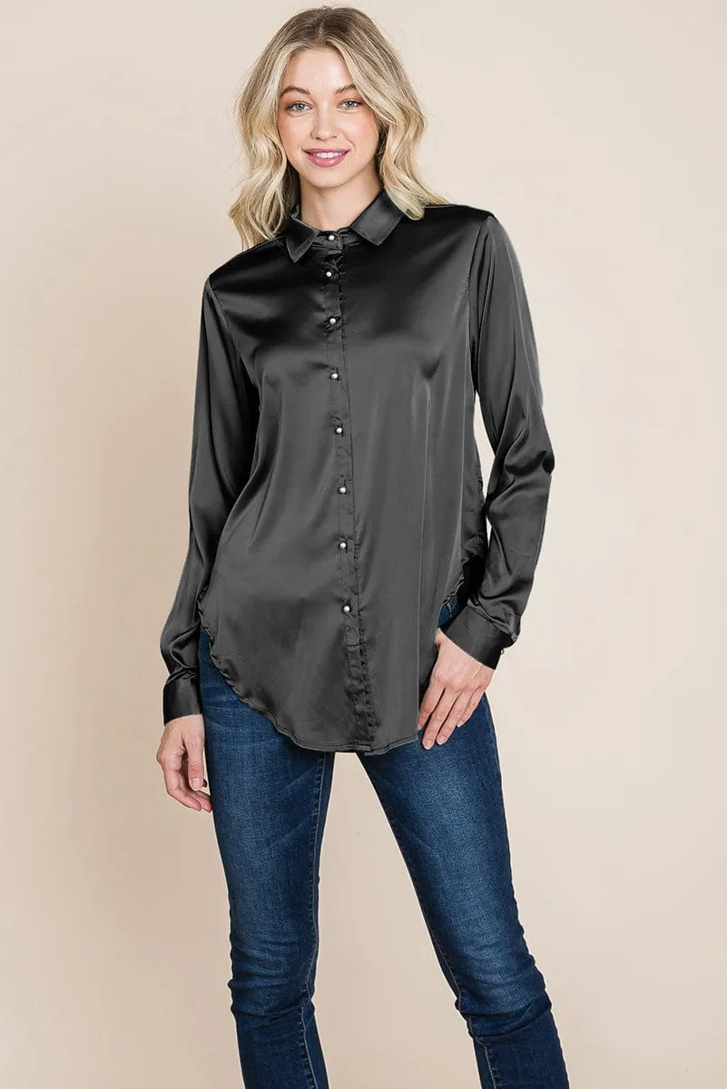 Long Sleeve Satin Button Down Silk Blouse Shirts