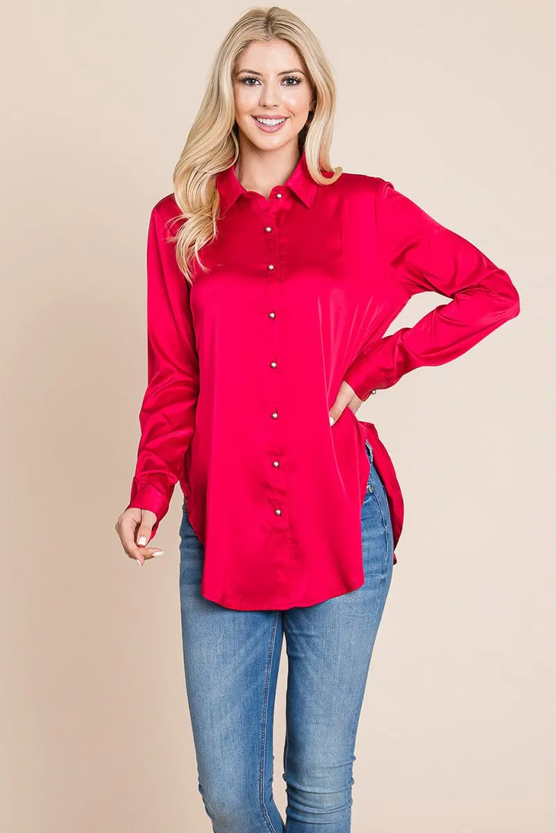 Long Sleeve Satin Button Down Silk Blouse Shirts