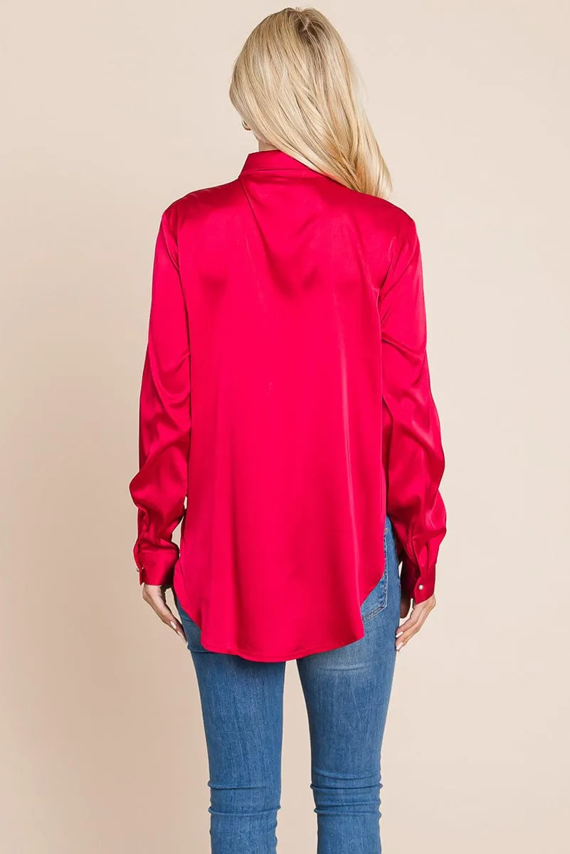 Long Sleeve Satin Button Down Silk Blouse Shirts