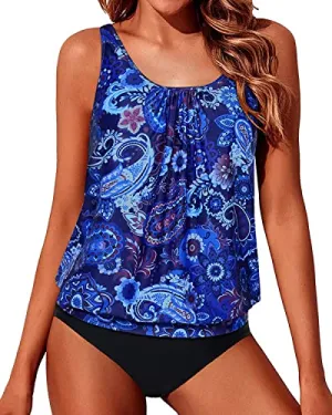 Loose Fit Swimwear 2 Piece Blouson Tankini-Blue Tribal